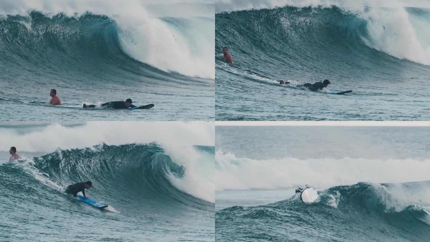 初学冲浪的人试图抓住海浪。一组三段录像