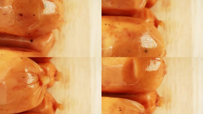 微距视频展示了多汁的香肠