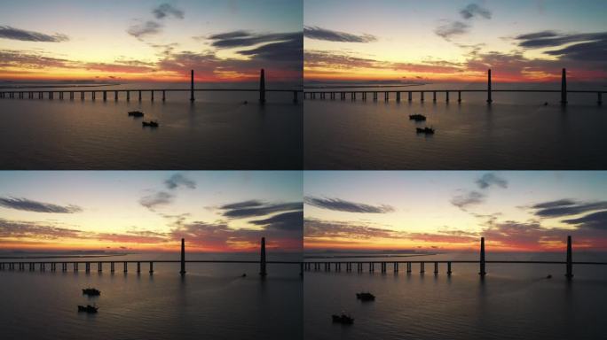 青岛跨海大桥航拍 夕阳下的跨海大桥