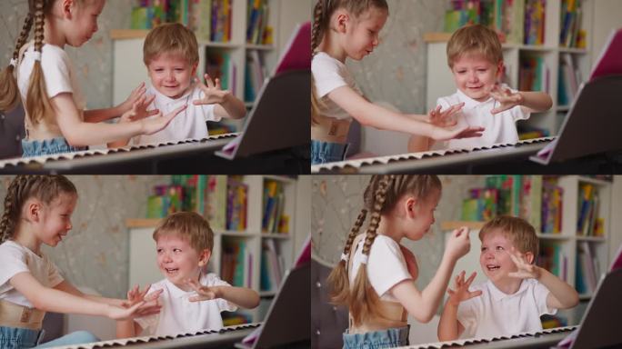 男孩和女孩含泪在钢琴旁比划手指
