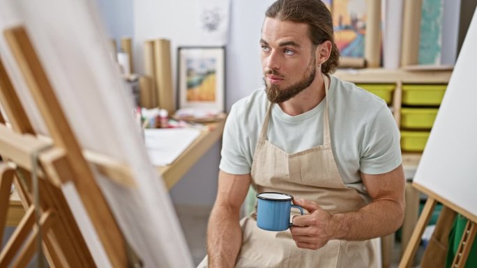 年轻的西班牙裔艺术家在艺术工作室喝咖啡看画