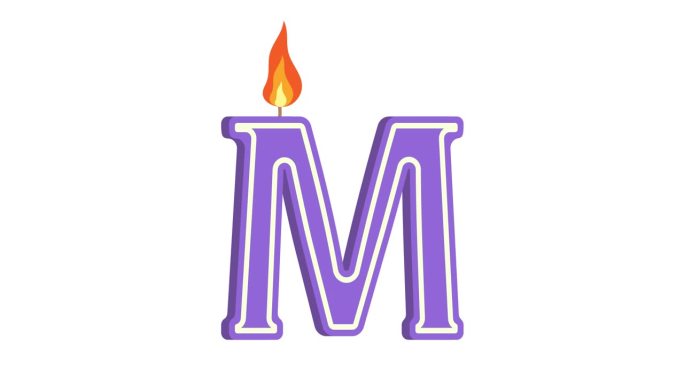 节日蜡烛形状为字母M，字母M，字母蜡烛，生日快乐，节日蜡烛，周年纪念，阿尔法通道
