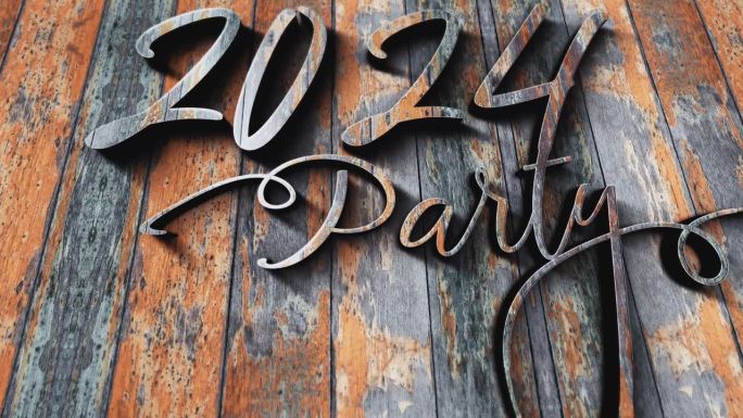 2024 Party Happy New Year 3D木质文本纹理电影标题抽象背景。片尾盖为片尾预