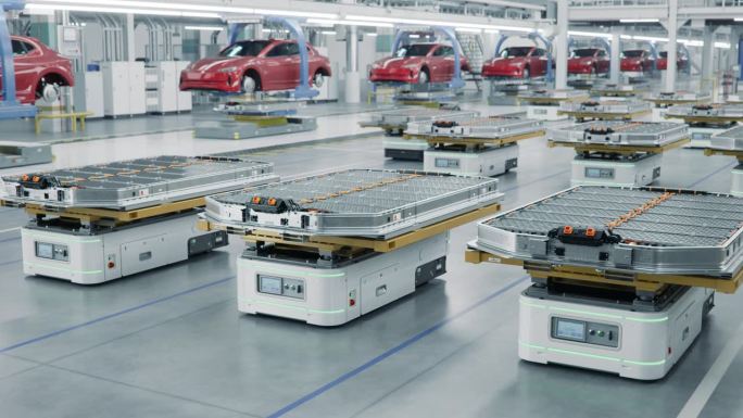 现代汽车工厂内装有电动汽车电池组的自动导引车。先进工厂电动汽车生产线。高性能电动汽车自主制造工艺