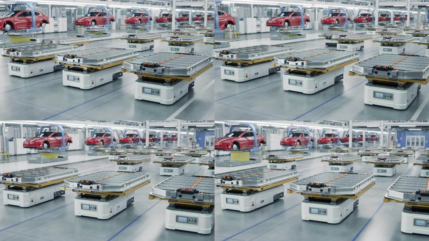 现代汽车工厂内装有电动汽车电池组的自动导引车。先进工厂电动汽车生产线。高性能电动汽车自主制造工艺