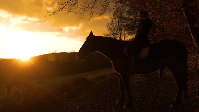 剪影，镜头光晕:骑马的人看着第一缕阳光照在山上