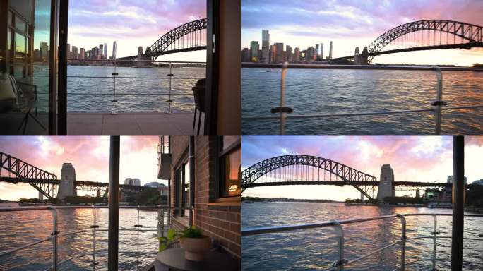 日落时分，悉尼港海滨公寓的内景和外景。
