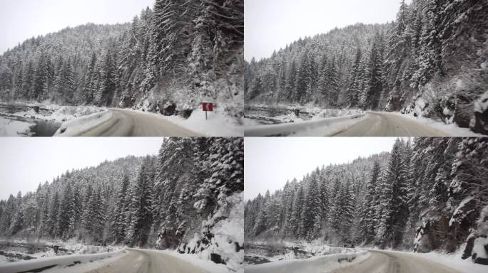 雪山公路沿路移动，美丽的冬季景观