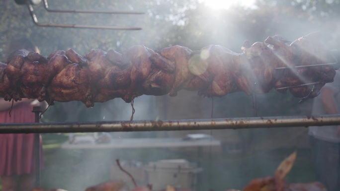 缓慢的烟雾覆盖烤鸡在火上