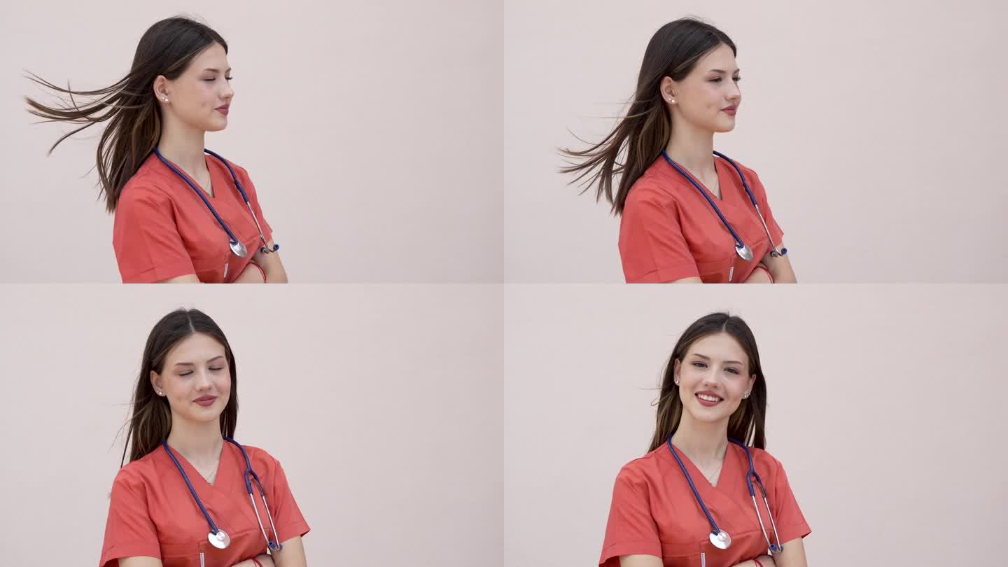 医院里开朗的年轻女医务人员的肖像
