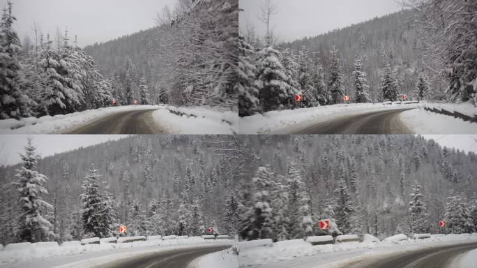 雪山公路沿路移动，美丽的冬季景观