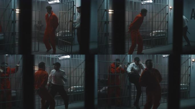 身穿橙色制服、戴着手铐的男囚犯与狱卒打斗