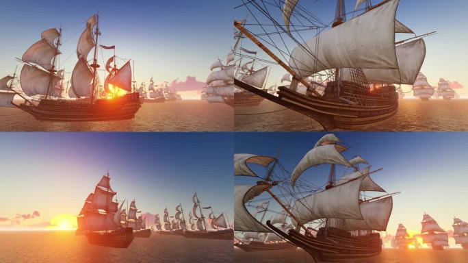 帆船迎着太阳航行海上丝绸之路开场片头动画