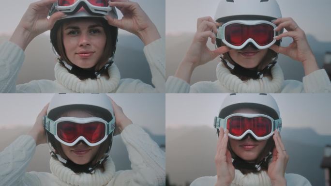 一个漂亮的白人女孩把一个白色的滑雪头盔或滑雪板头盔戴在头上。一个漂亮女人在冬季度假胜地的肖像。戴上防