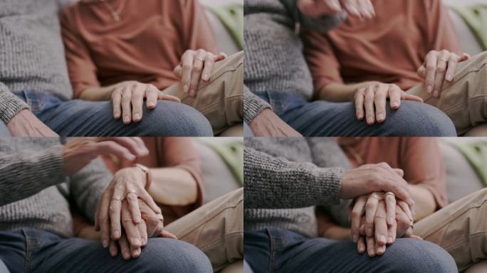 特写，家庭和老年夫妇牵着手，爱和同情与同情，关系和支持。Zoom、婚姻或老年人用帮助、安慰和同理心进