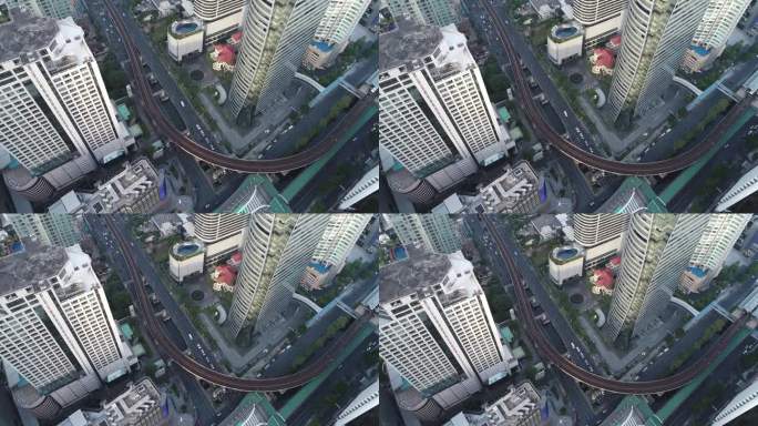 曼谷市中心现代办公大楼和防弹少年团轻轨的鸟瞰图
