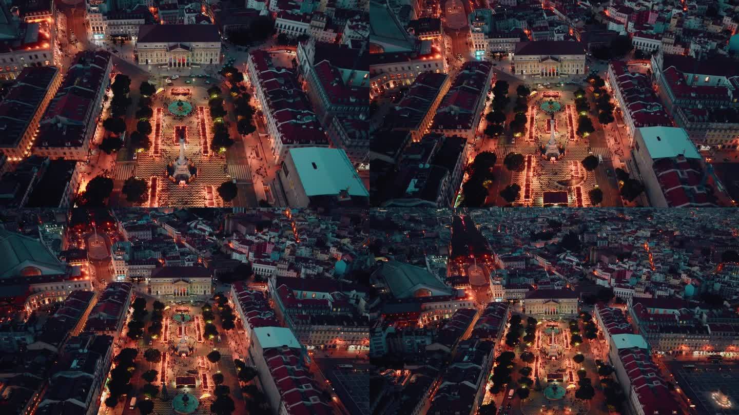 里斯本市中心自由大道的夜间航拍图像