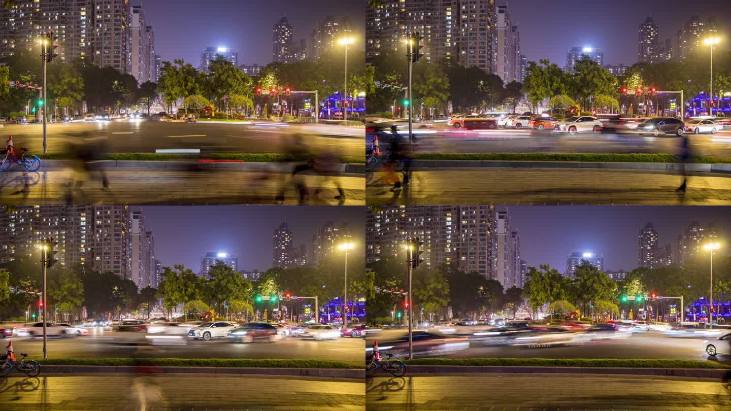 晚上广州车流人流街边城市交通