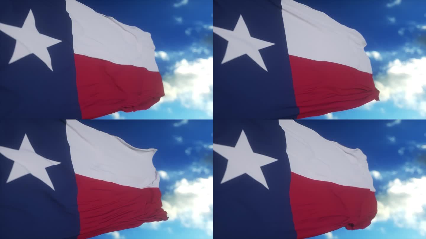 德州国旗在旗杆上迎风飘扬，蓝天为背景
