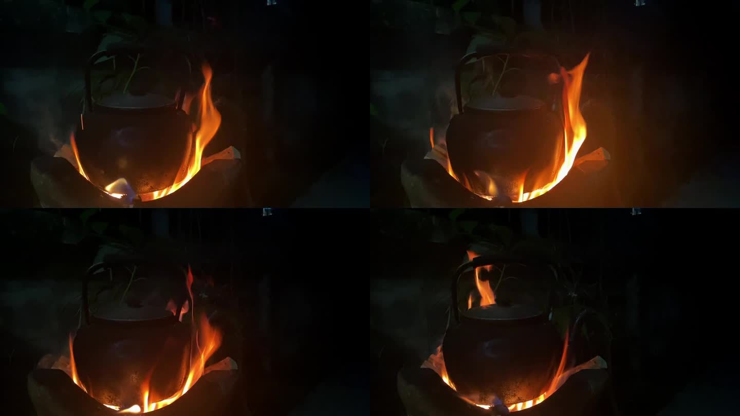 在炭炉上烧开热水烧开水木柴柴火