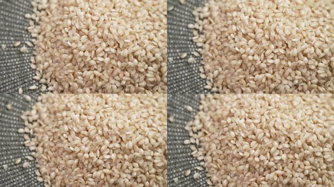 一堆粗糙的未加工的中国糙米放在粗糙的厨房布上。旋转