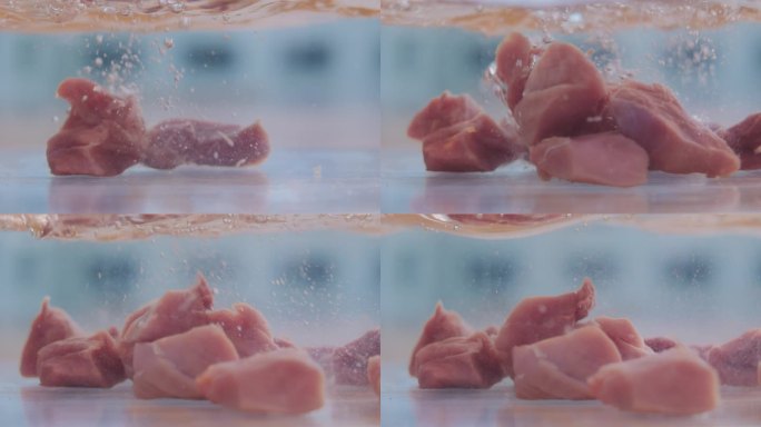 肉掉入水里 肉掉进水里慢镜头 烹饪食材