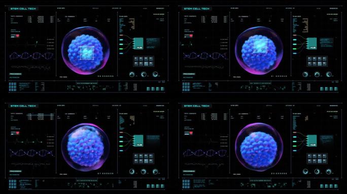 未来HUD医学屏幕数据，扫描干细胞，3D动画