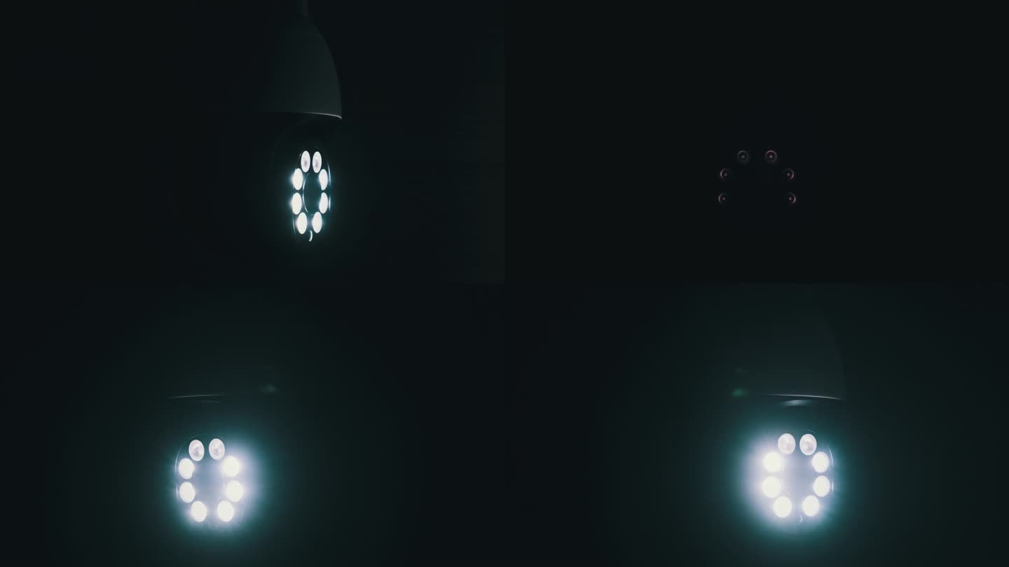 闭路电视摄像机与明亮的LED灯在夜间旋转