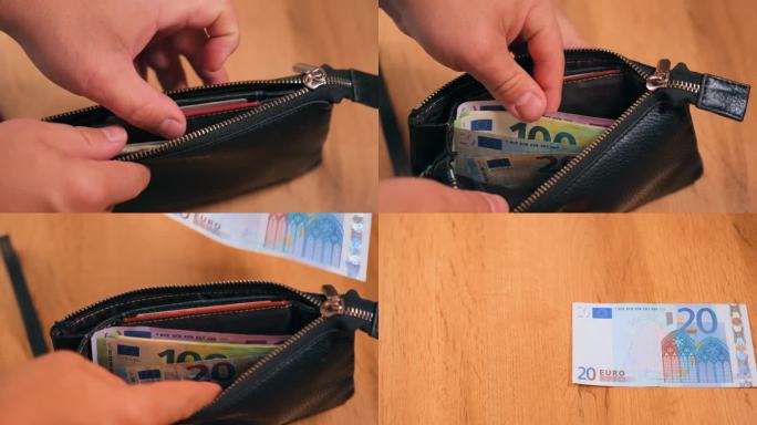 男手打开钱包，数钞票，拿出一张20欧元的钞票递给女手