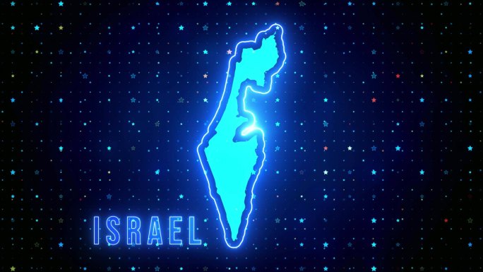 未来的蓝色闪耀以色列等高线地图和标签文本发光霓虹灯耀斑运动揭示与星星闪耀网格