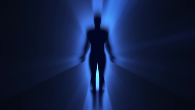 人或个性或个性的心理概念，以抽象的人体轮廓围绕在黑色背景上明亮的蓝光。一个人周围光爆发光环的循环动画