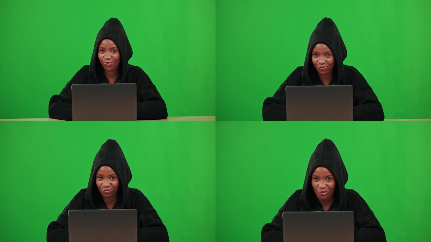 黑人女性，绿屏或网络安全黑客的画像，笔记本电脑上的信息技术。邪恶的假笑，数字罪犯或拥有大数据代码的女