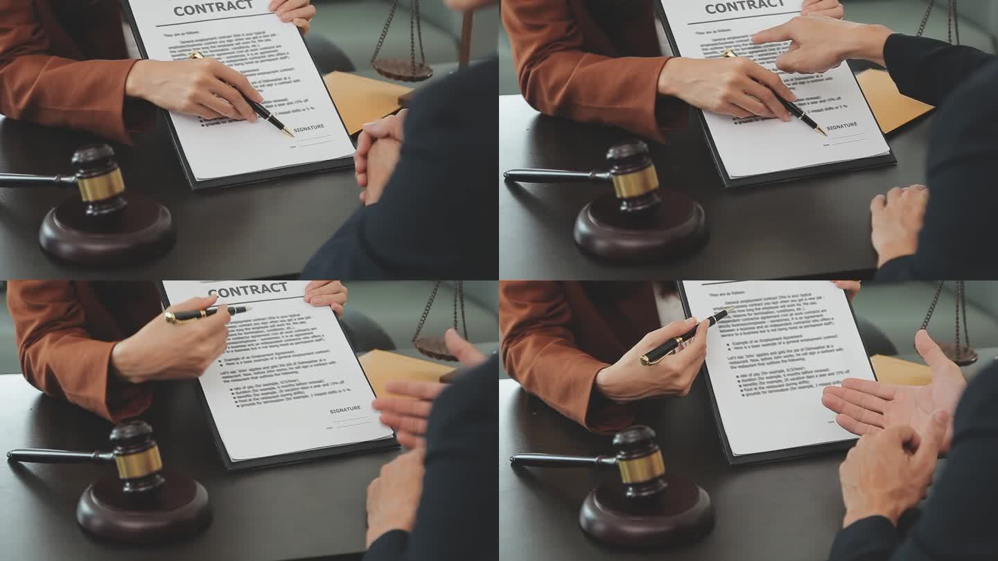 法律顾问用木槌和法律条文向客户出示已签署的合同。正义与律师观念。