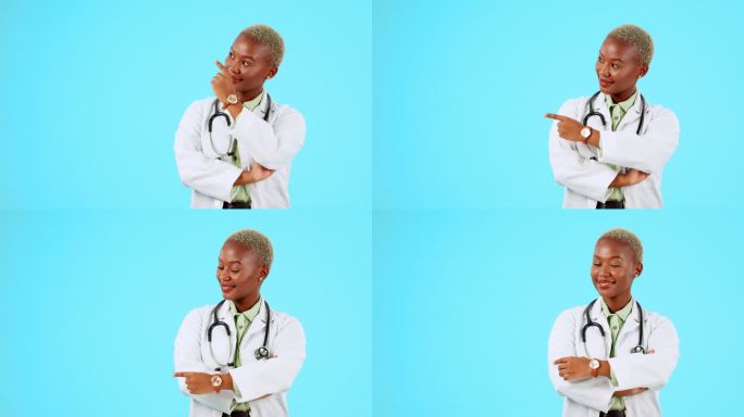 黑人妇女、肖像或医生微笑着指着工作室里隔离在蓝色背景下的模型空间。健康，广告或快乐的非洲护士微笑着双