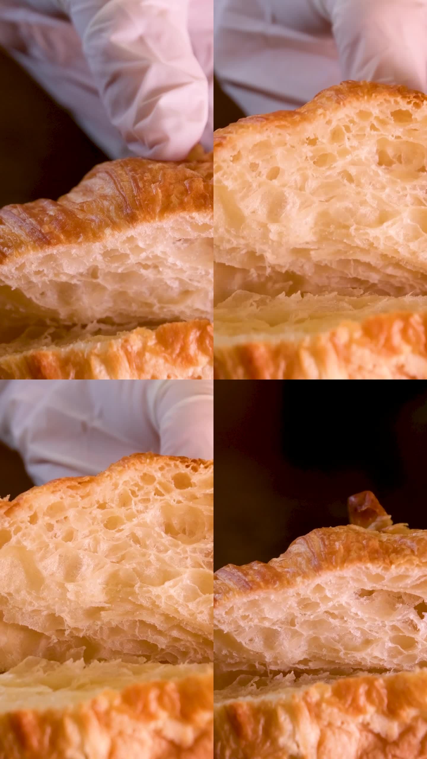 切好的羊角面包的近景，绕圈旋转。法式羊角面包。有选择性的重点。