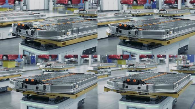现代汽车智能工厂中装载在AGV上的电动汽车电池组。工厂电动汽车生产线。高性能电动汽车自主制造工艺
