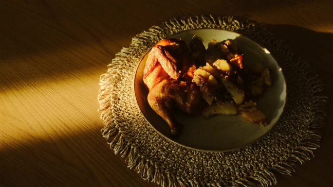 烤鸡在木桌上冒着热气。金黄的烤鸡翅皮配蔬菜。在家煮鸡，电影场景俯视图