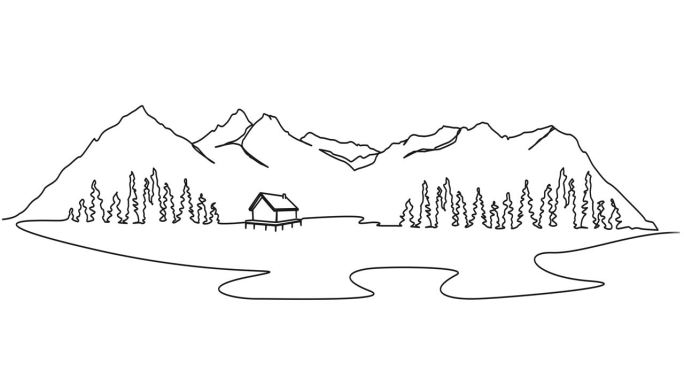 动画单线绘制小屋在湖边美丽的山景