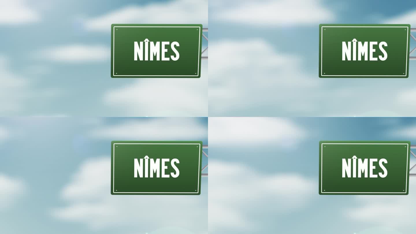 法国nmes市-法国大区城市城镇道路标志在蓝色多云的天空-股票视频