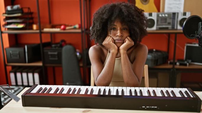 非洲裔美国女音乐家坐在音乐工作室的桌子上，表情悲伤