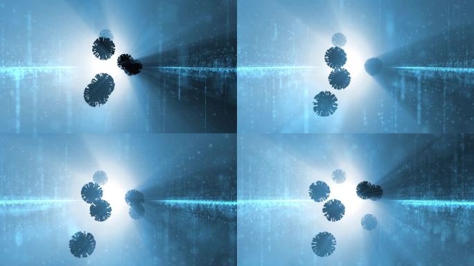 空间科学卫生流行病概念动画背景下蓝色体光三维冠状病毒微观视图。