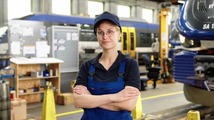 快乐的年轻女工程师站在铁路车间的肖像