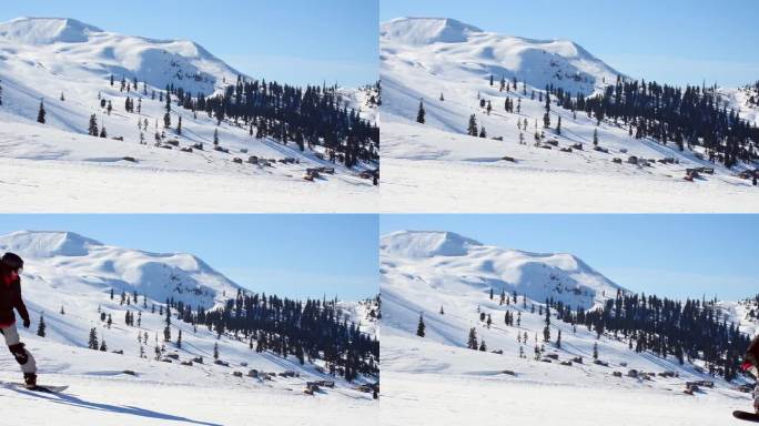 滑雪板在斜坡上，以山为背景，快速通过。在Goderdzi滑雪胜地玩单人滑雪板