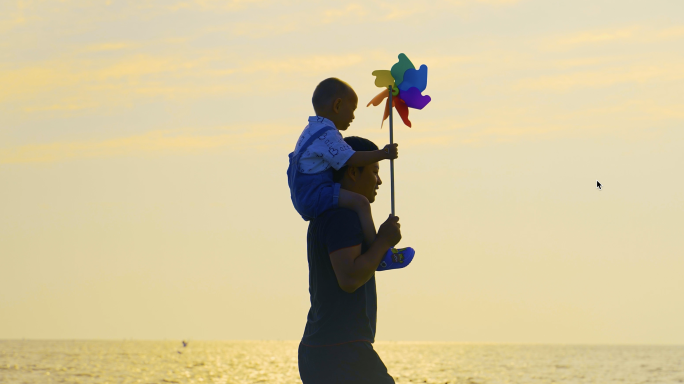 父子情-爸爸扛着儿子在海边散步父亲节亲子