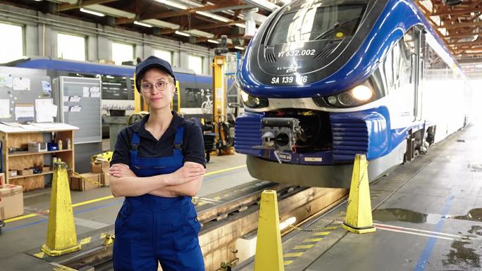 自信的年轻女工程师站在火车维修车间的肖像