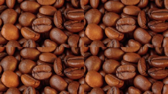 烘焙咖啡豆，黑色背景。浓咖啡，浓香，黑咖啡因饮料。近距离