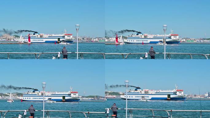 实拍4K大连港口中远海运轮船出发开船行驶