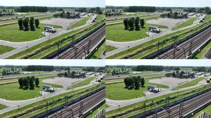 沃登堡，2023年7月12日，荷兰。高速公路和铁路沿线的电动汽车充电站。电动汽车基础设施。