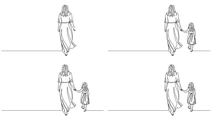 动画单线绘制的母亲和年幼的女儿手牵手走