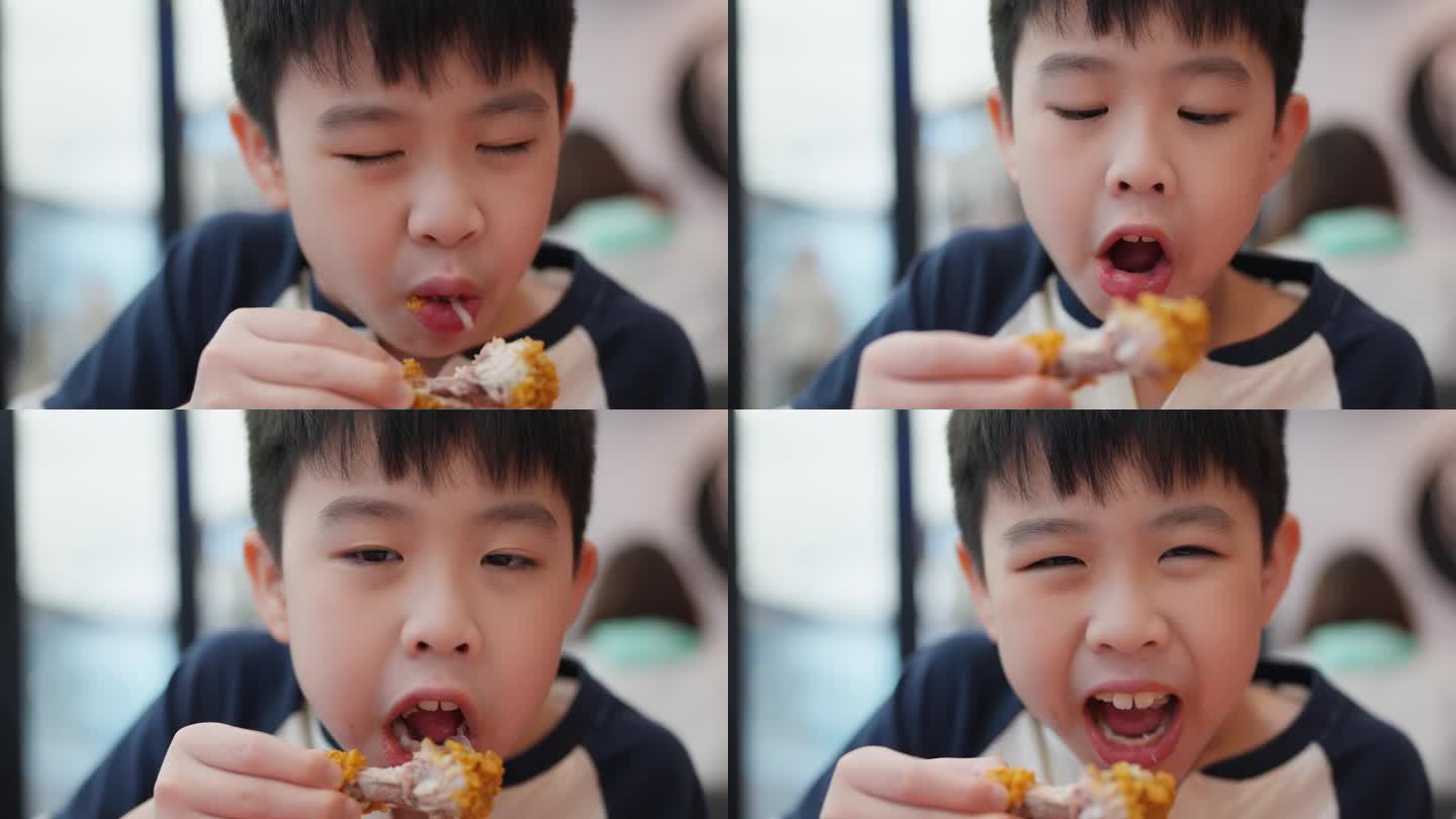 一个小男孩的脸，充满了幸福和兴奋，因为他品尝美味的炸鸡腿。灿烂的笑容反映了此刻的纯粹享受。天真烂漫的